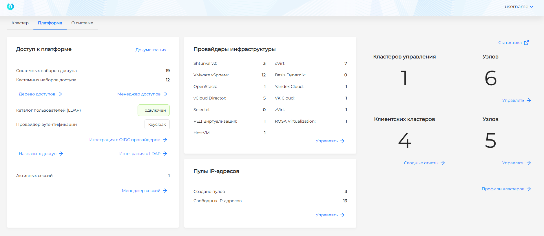 Вкладка Платформа: карточка Провайдеры инфраструктуры и ссылка Управлять